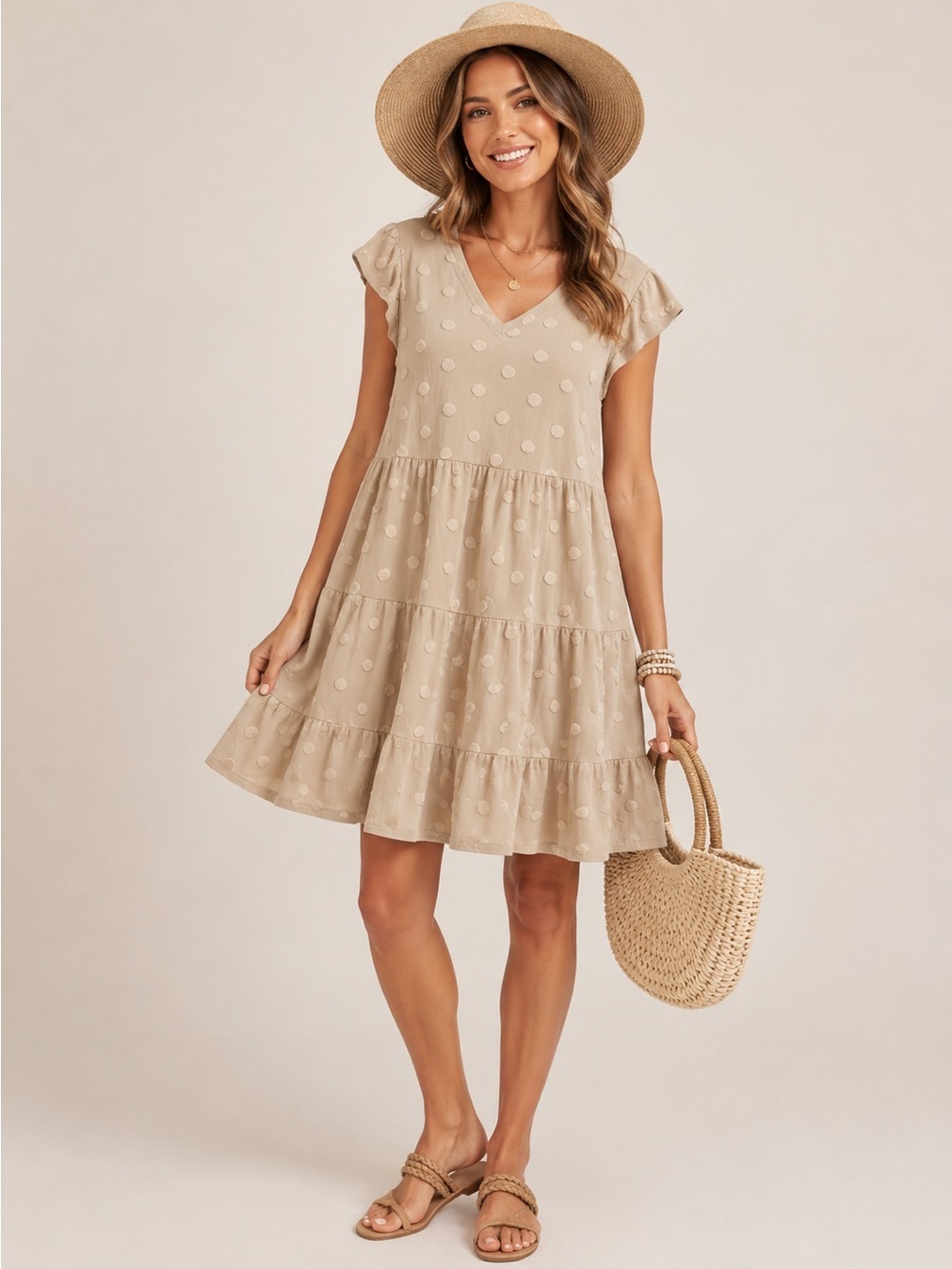 Blu Pepper Beige Swiss Dot Tiered Babydoll Dress V-Neck Short Sleeve Size L